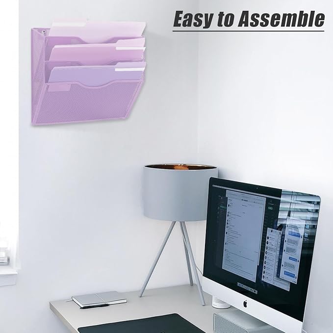 3 Pocket Mesh Hanging Wall File Organizer, Wall Mounted Mail Paper Document Folder Holder, Clipboard Storage Organization Magazine Rack with Nametag Label for Office Home School, Light Purple - Image 6