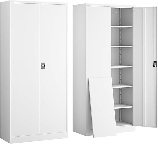 Yizosh Metal Garage Storage Cabinet with Lock, 71" Locking Tool Cabinet with 2 Doors and 5 Shelves, Heavy Duty for Garage, Office, School (White)