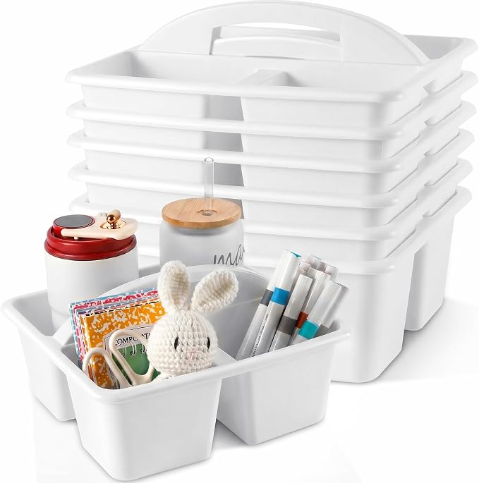 6 Pack 3 Compartment Small Caddy Plastic Classroom Organizer with Handle Portable Teacher Supply Storage Caddy Craft Art Caddies for Pencil, Crayon, Marker, Home, Office, School Supplies(White) by Yakydesign