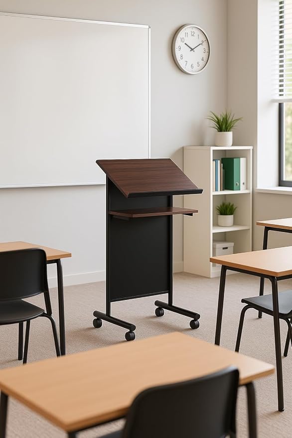 Wheeled Lectern Podium - Standing Desk with Storage Shelf - Cherry/Black - Ideal for Presentations and Laptop Use - Image 5