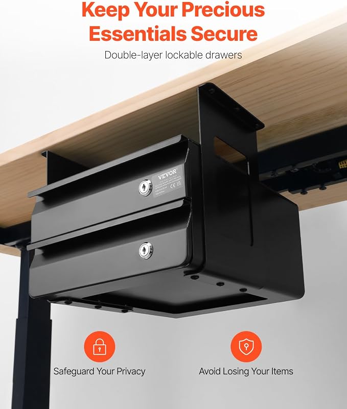 VEVOR Under Desk Double Stacked Lockable Slide Out Drawer, 13 inch Lockable Under Table Pull-out Drawer Attachment for Sit Stand Workstation, Secure Under Desk Storage Organizer, Black - Image 3