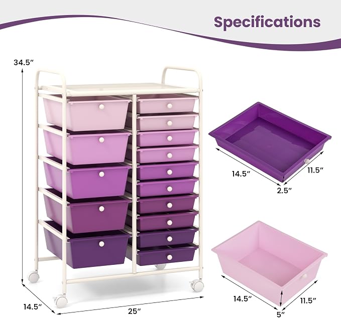 Giantex 15 Drawers Rolling Cart, Classroom Organizers, Storage Cart with Wheels, for Teacher Office Home School Supplies Tool Craft Art Paper, Purple Gradient - Image 3