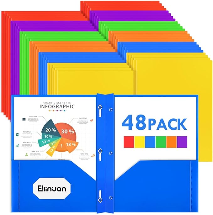 Ellinjan 48 Pack Plastic Folders with Pockets and Prongs, 2 Pocket Folders with Brads, Heavy Duty Bulk Folders in 6 Colors, Letter Size for School Office Supplies by WelcometoEllinjan%EF%BC%81