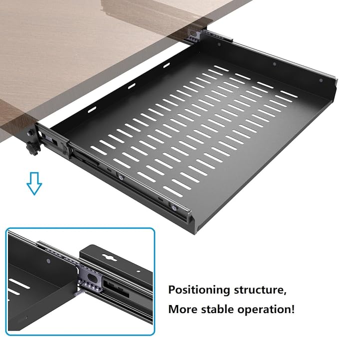 Sliding Under Desk Laptop Mount Shelf with Air Vents, 16" W | W 16.3" x D 12" Metal Under Desk Slide Out Tray Laptop Storage Tray for Laptop (16 Inch Wide) - Image 3