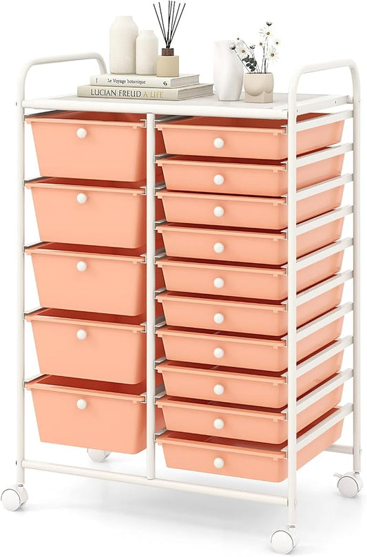 COSTWAY 15 Drawer Rolling Storage Cart, Mobile Storage Organizer | Removable Drawers & Metal Frame, Multipurpose Utility Tools Paper Organizer on Wheels for Home, Office (Peach) by COSTWAY
