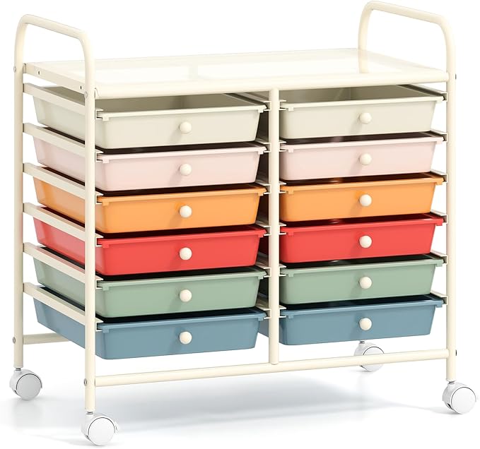 GOFLAME 12-Drawer Rolling Storage Cart, Multifunctional Art Craft Organizer Cart, Mobile Utility Storage Cart with Removable Drawers & Lockable Wheels, Craft Cart for Home Office School, Macaron Color by GOFLAME