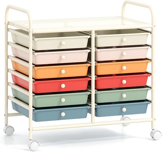 GOFLAME 12-Drawer Rolling Storage Cart, Multifunctional Art Craft Organizer Cart, Mobile Utility Storage Cart with Removable Drawers & Lockable Wheels, Craft Cart for Home Office School, Macaron Color by GOFLAME
