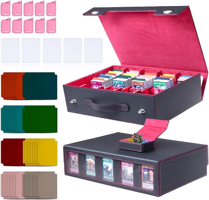 5-Row 3900+ Trading Card Storage Box for MTG, Card Deck Box with Snap-fit Design, 5 Card Sleeves, 10 Stoppers, 80 Dividers and 1 Dice Tray (Black-Red) by Sesmez