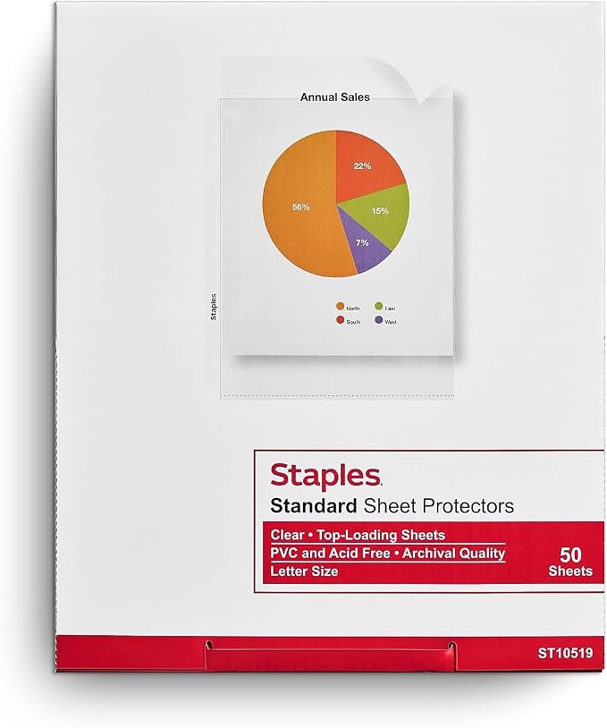 Staples Medium‑Weight Sheet Protectors, Clear, Archival‑Safe, Top‑Loading Design, Fits Standard 3‑Ring Binders, 150/Carton by Staples