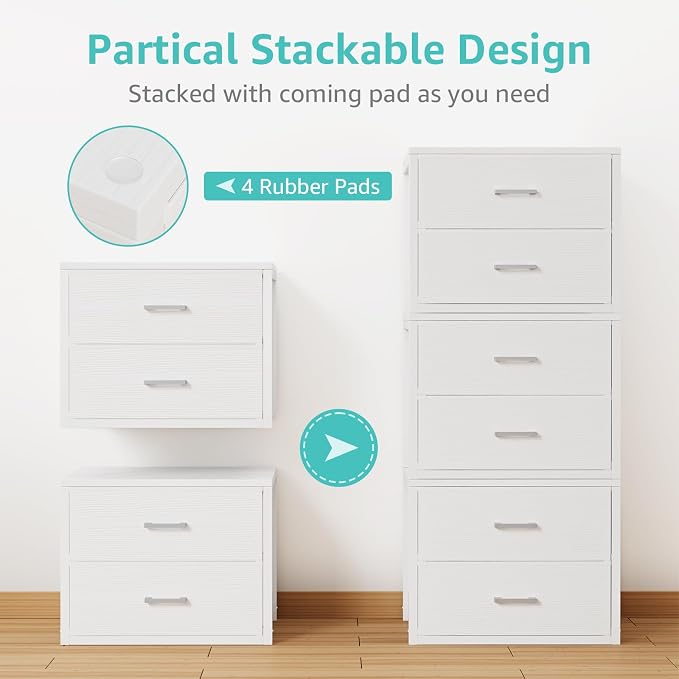 BOLUO Stackable Storage Drawers Closet Organizers and Storage Bins Fabric White 2 Drawer Dresser for Bedroom Office Modern - Image 4