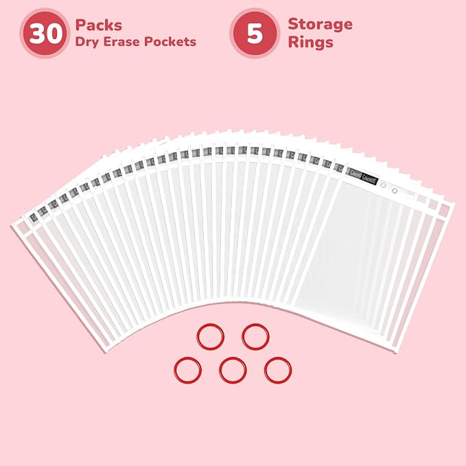 GAMENOTE 30 Pack White Dry Erase Pockets, 10x14 Reusable Sleeves | 30 reusable PVC pockets hold 8.5 x 11 and 9 x 12 sheets; double sided wipe clean surfaces, pen loops, eyelets, and 5 rings - Image 9