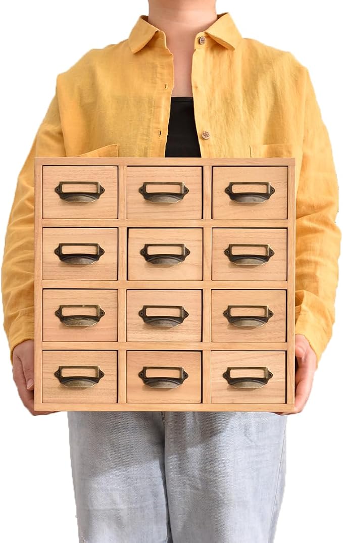 KIRIGEN Wooden Storage Cabinet, 12-Drawer Desktop Organizer Natural 12CG-NA | 12 Mini Drawers with Metal Label Holder Pulls for Cards, Crafts, Tea Bags, Jewelry, Office Supplies, and Small Parts - Image 8