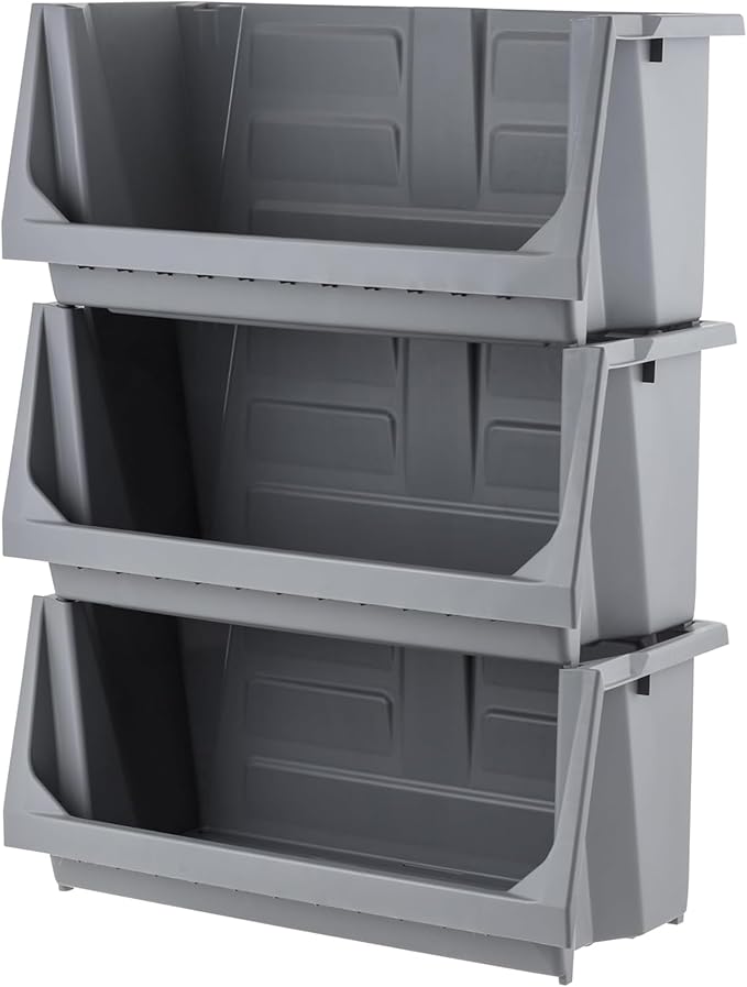 IRIS USA 6 Pack Open Front Storage Bins, Jumbo Heavy Duty Stackable Garage Storage Bins with Handles, Interlocking Design, Dark Gray - Image 2