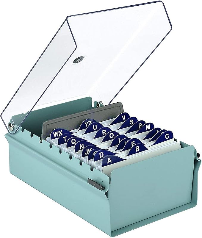 Acrimet 3 x 5 Card File Holder Organizer Box Metal Base Heavy Duty (AZ Index Cards and Divider Included) (Green Color with Clear Crystal Plastic Lid Cover) by Organizingyourlife