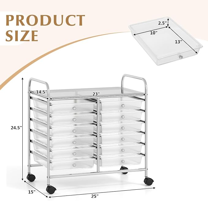 GOFLAME 12-Drawer Rolling Storage Cart, Multifunctional Art Craft Organizer Cart, Mobile Utility Storage Cart with Removable Drawers & Lockable Wheels, Craft Cart for Home Office School, Clear - Image 3
