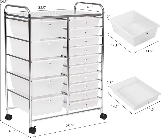 COSTWAY 15 Drawer Rolling Storage Cart, Mobile Utility Cart with Lockable Wheels, Drawers, Multipurpose Organizer Cart for Home, Office, School, Clear - Image 3