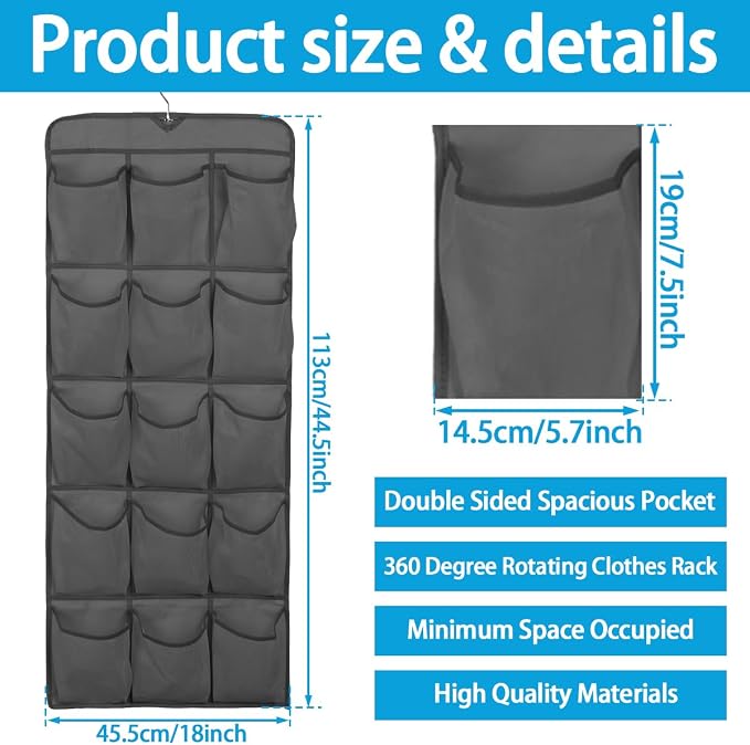 30 Large Pockets Dual Sided Hanging Shoe Organizer Double-Side Closet Storage Shelves with Rotating Hanger Space Saving Storage Bag Portable Shoe Rack Holder for Bedroom Laundry Room,Black - Image 7
