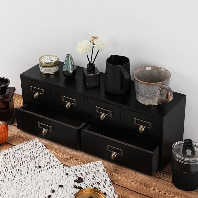 Apothecary Cabinet with Drawers, Apothecary Drawers, Black 6 Wood Drawer | Vintage Wooden Storage Box Wood Desktop Organizer with Drawer, Library Card Catalog Cabinet - Image 2