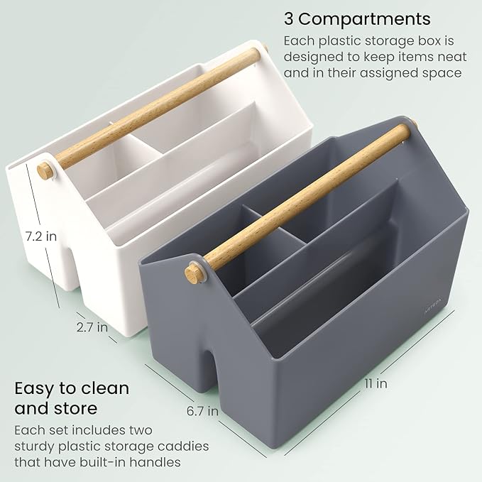 ARTEZA Plastic Portable Craft Storage Organizer, Pack of 2, Gray and Ivory, 3-Sectioned Plastic Basket with Handle, Caddy Organizer - Image 3