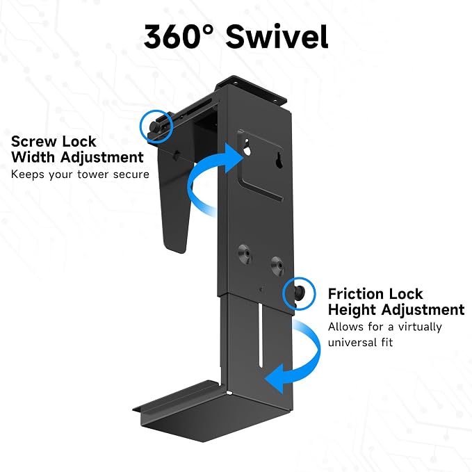 Pholiten Under Desk CPU Mount, 3.94 to 11.61" Wide, Max Load 44Lbs | Universal PC Wall Mount, Adjustable 360 Swivel, Secure Lock - Image 3