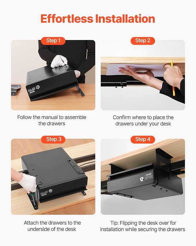 VEVOR Under Desk Lockable Slide Out Drawer, 13 inch Under Desk Pull-out Drawer for Sit Stand Workstation, Secure Under Counter Drawers for Home Office Storage Organizer, Black - Image 7