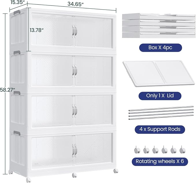 960QT Extra Large Stackable Storage Bins with Lid, 240Gal Plastic Closet Organizers and Storage Drawer, Collapsible Cabinet Box with Wheels Clear Doors for Home Kitchen Garage, 4Pack White - Image 2