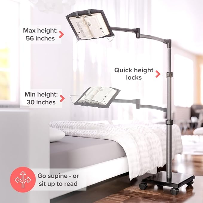 LEVO G2 Adjustable Book Floor Stand, Hands-Free Reading Holder with Wheels | Premium design, holds pages open, extends over beds, recliners or study chairs, for novels, textbooks, recipes, sheet music - Image 3