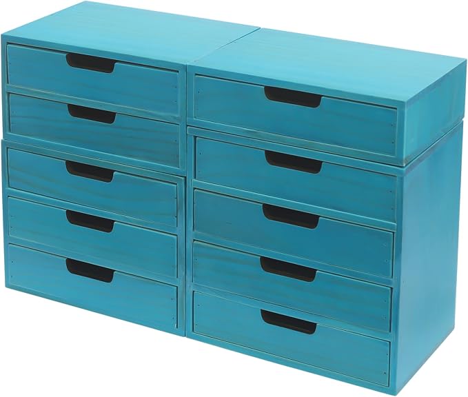 4-Piece Wood Drawer Cabinet Set, Desktop Storage Organizers, 10-Drawer Tabletop Storage Organizer, Desktop Wood Stackable Drawer Cabinet for Home Office Dormitory(Blue) by pijopang