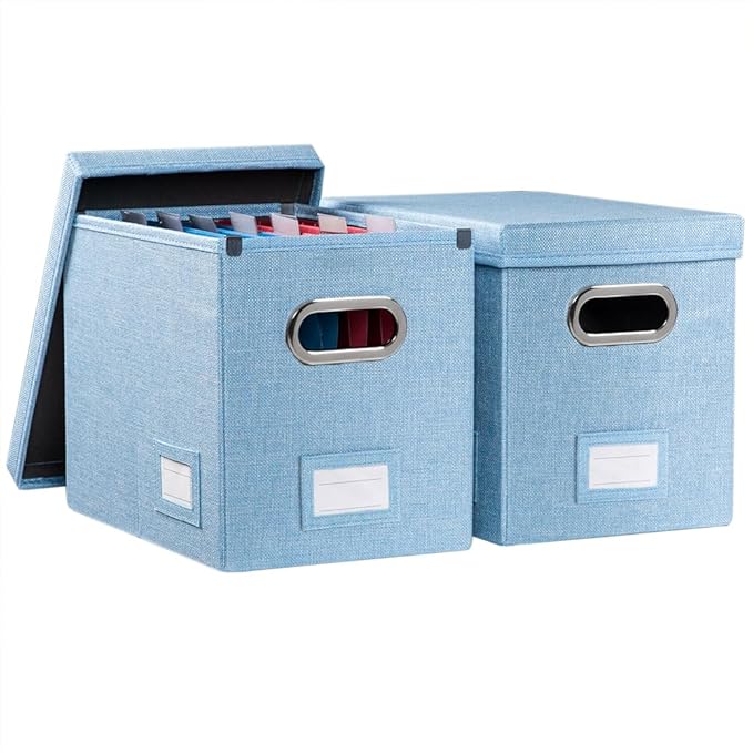 File Organizer Box - Set of 2 Collapsible Decorative Linen Filing Storage Hanging File Folders with Lids Office Cabinet Letter Size Blue (14x9.3x10.8 inch) by Prandom