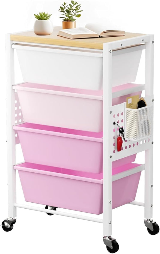 Rolling Cart with 4 Drawers, Plastic Drawer Storage Carts with Wheels & Wooden Tabletop, Metal Utility Cart with Pegboards, Office Living Room Classroom Craft Organization and Storage, Bright Pink by TimeForest