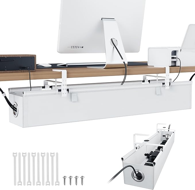 KEEGH Under Desk Cable Management Tray 36", No Drill Cord Organizer, White | Heavy Duty, Large Capacity, 3-Level Clamp Fit 0"-2.5" Desks, Clamp/Screw Mount, for Home, Office, Gaming, Room, Studio by KEEGH
