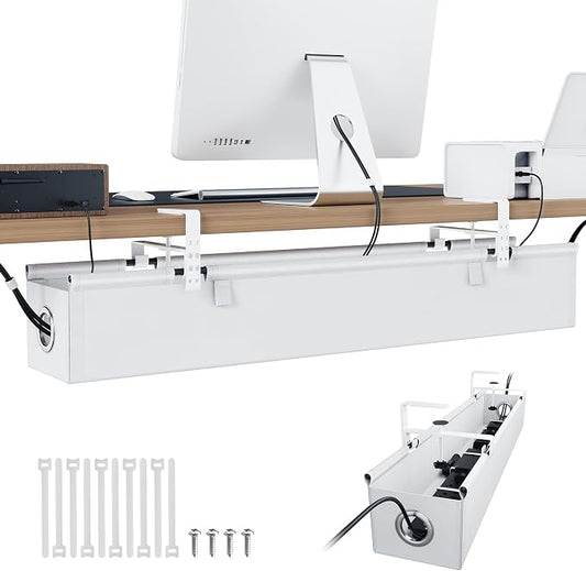 KEEGH Under Desk Cable Management Tray 36", No Drill Cord Organizer, White | Heavy Duty, Large Capacity, 3-Level Clamp Fit 0"-2.5" Desks, Clamp/Screw Mount, for Home, Office, Gaming, Room, Studio by KEEGH