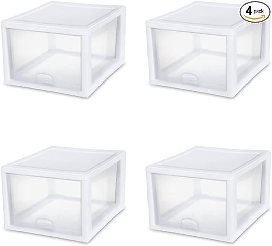 Sterilite 27 Qt Stacking Drawer, Clear Plastic Storage Organizer, 4 Pack | White Frame, Stackable Modular Clear Plastic Drawers & Containers for Clothing, Accessories, Craft Supplies, Shoes or Linens by Sterilite