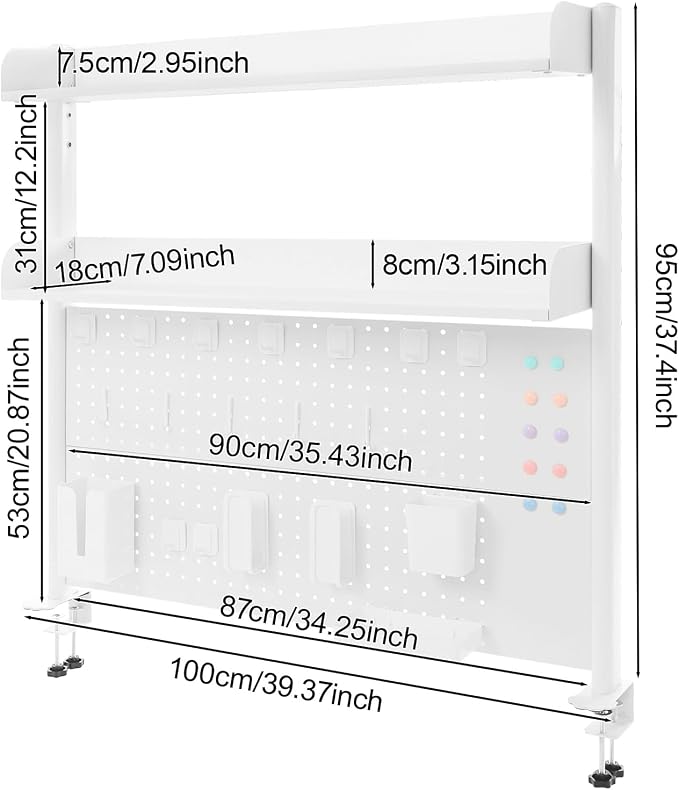 Clamp-On Pegboard Desk Organizer, 2-Tier Clamp On Desk Shelf with Hooks, Office Accessory Organizer for Books, Office Supplies & DIY Storage, 16.5lbs Capacity, 39.37" x 37.4", White - Image 8