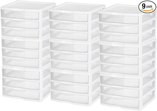 Sterilite Wide 3-Drawer Storage Unit for Bedroom and Dresser, 9-Pack | Organizing Plastic Storage Drawers and Containers for Home, Office, Desk, Clothes, Kitchen, and Pantry by Sterilite