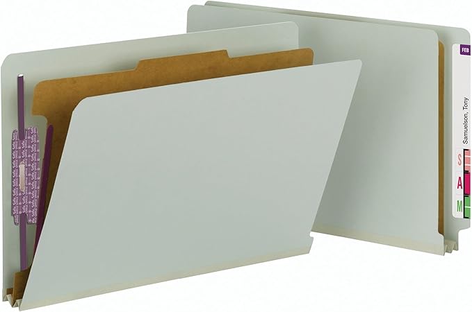 Smead 100% Recycled End Tab Pressboard Classification File Folder with SafeSHIELD Fasteners, 1 Divider, 2" Expansion, Legal Size, Gray/Green, 10 per Box (29800) by SMEAD