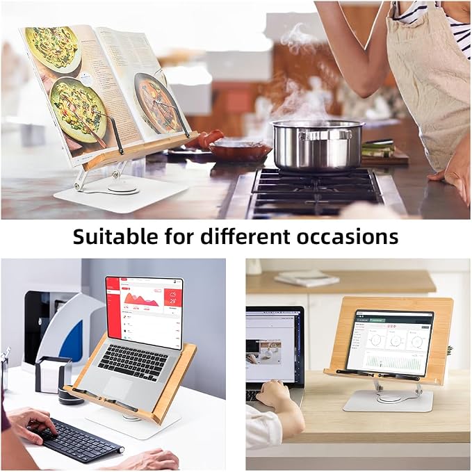 Wishacc 360 Degree Adjustable Book Stand, Reading Holder with Rotating Base (13.2 x 9.2 inches) | 360 Swivel Base, Bible Stand, Cook Book Stand for Kitchen Counter, Document Holder, Paper Stand - Image 4