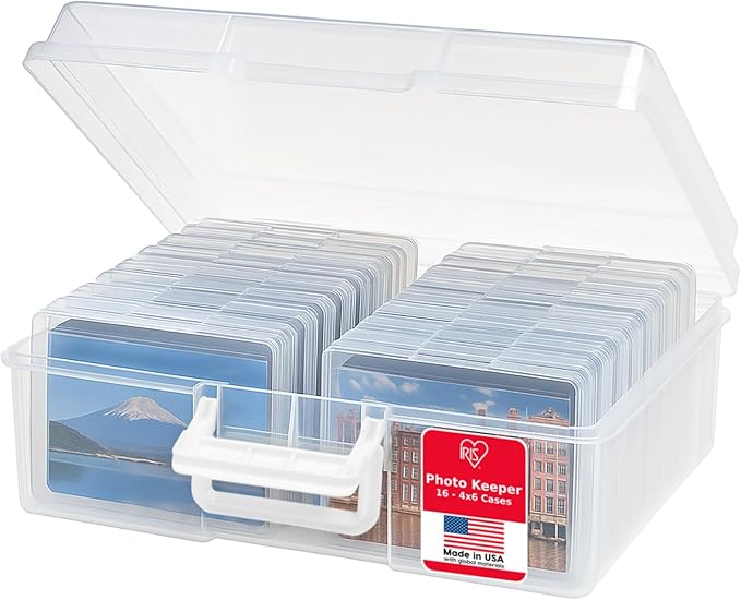 IRIS USA Photo Storage Box |Made in USA| 16 Cases - Clear | Fits 4" x 6" Pictures / Built-In Handle / Organizing Containers for Tasks, Stickers, Ephemera & Flashcards by IRISUSA