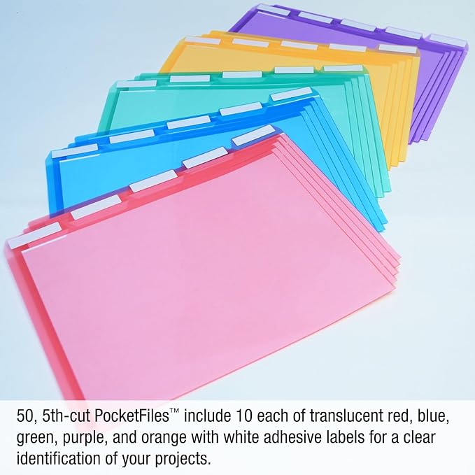 Ultimate Office Poly Color File Folders Letter Size, 5th-Cut Tabs Set of 50 | PocketFiles Heavy Duty Transparent Files, Sealed on 2 Sides to Secure and Protect Documents and are Tabbed for Easy Indexing - Image 4