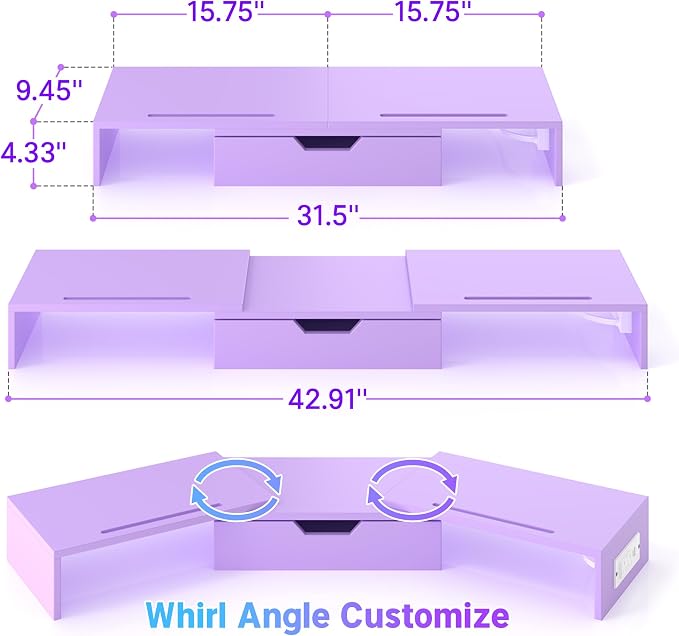 Dual Monitor Stand with USB Ports Wood Monitor Stand Riser with Drawer | Adjustable Desk Shelf,Desk Organizer for Computer,Laptop,Study&Office,No Assembly Required,Pink - Image 7