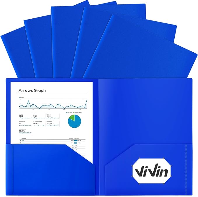 ViVin 12-Pack Plastic Folders with Pockets, 8.5 x 11 Inch Letter Size Poly Folders with 2 Pockets, Plastic Pocket Folders for School, Home, Office (Blue) by ViVin