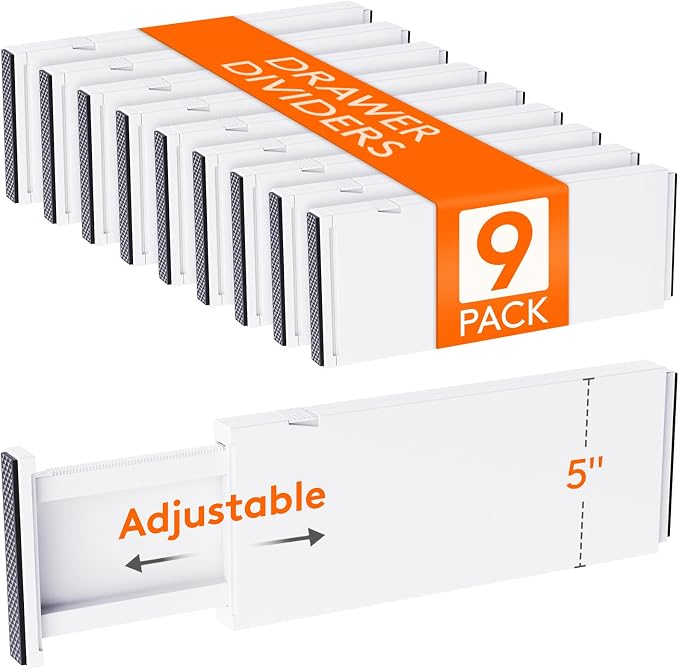 Lifewit 5" Tall Upgrade Drawer Dividers, Adjustable Deep Drawer Organizer | 13.5"-22" Expandable White Drawer Separator for Clothes, Dresser/Kitchen/Closet/Bedroom/Office Organization & Storage, 9 Pack by Lifewit