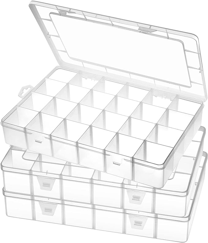 Gbivbe Large 24 Grids Plastic Organizer Box Adjustable Dividers,Clear Storage Box for Jewelry, Art DIY Crafts, Washi Tapes, Beads and Small Parts(3 Pack) by Gbivbe