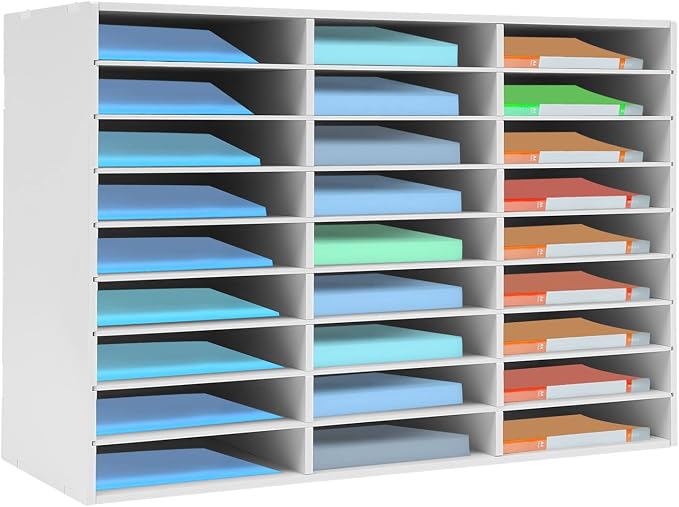 Desktop Literature Organizer, 27 Slots Compartment Adjustable File Sorter Mail Center Magazine Holder, Paper Storage Cabinet Classroom Keepers for Classroom, Office, School, Home Load, White by SNKOURIN
