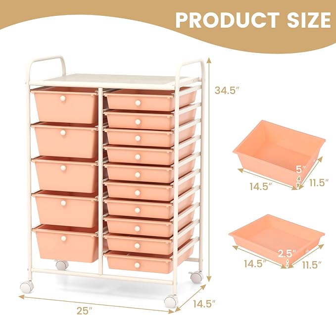 GOFLAME 15-Drawer Rolling Storage Cart, Craft Storage Cart with Removable Drawers & Lockable Wheels, Art Cart Supply Storage Organizer for Home Office Classroom, Peach Fuzz - Image 3