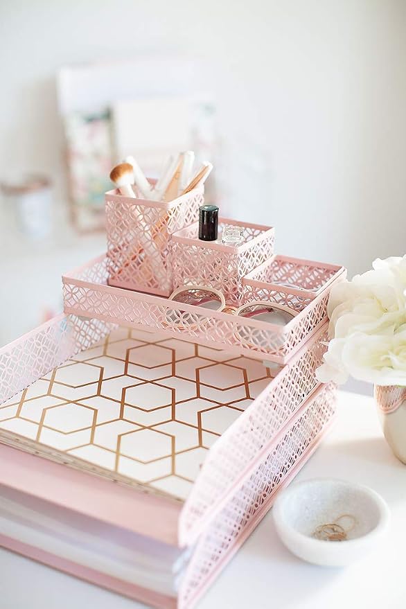BLU MONACO | Pink Desk Organizer Set for Women 6 Piece | Mail Sorter Organizer Countertop with Letter Trays | Standing File Organizer with Mesh Pen Holders - Image 4
