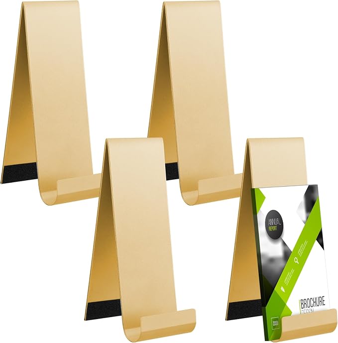 Yaocom 4 Pcs Metal Fancy Brochure Holder Display Flyer Brochure Holder Stand Table Vertical Countertop Literature Organizer for Booklets Pamphlet Magazine Menu Journals(Gold) by Yaocom