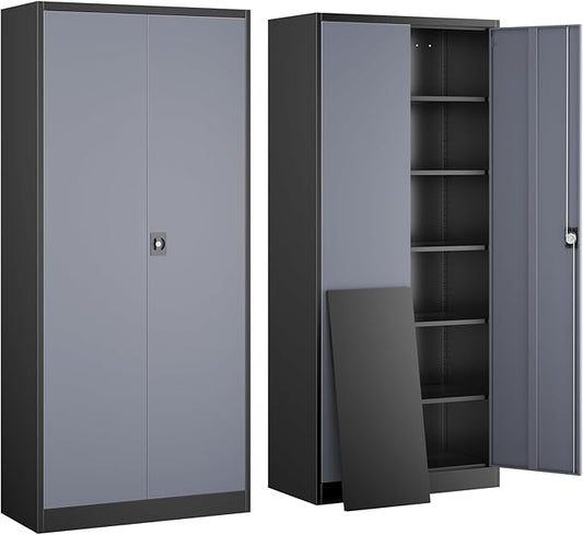 Yizosh Metal Garage Storage Cabinet with Lock, 71" Locking Tool Cabinet with 2 Doors and 5 Shelves, Tall Steel Cabinet for Garage, Heavy Duty File Cabinet for Office, School (Black Gray)