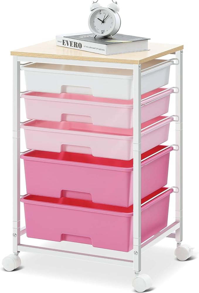SYKIARIOL Utility Cart with Drawers,5 Drawers Storage Cart,Rose Pink | 5-Tiers Drawer Cart with Wooden Top with Lockable Wheels for Craft Organizers and Storage,Home Office,Classroom,Dorm,Playroom by SYKIARIOL
