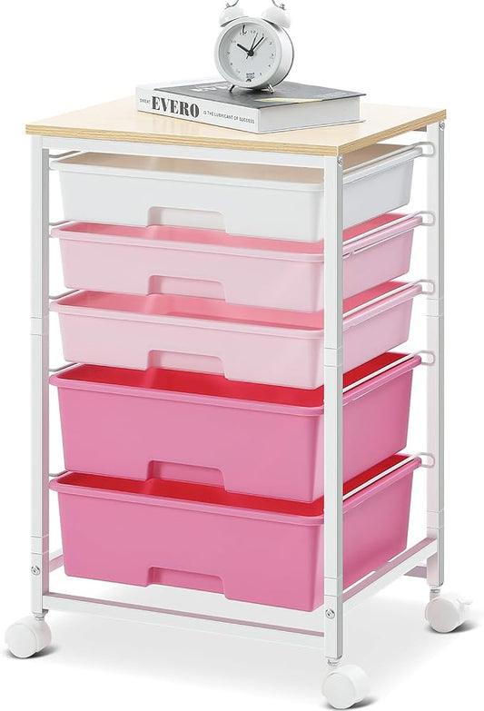SYKIARIOL Utility Cart with Drawers,5 Drawers Storage Cart,Rose Pink | 5-Tiers Drawer Cart with Wooden Top with Lockable Wheels for Craft Organizers and Storage,Home Office,Classroom,Dorm,Playroom by SYKIARIOL
